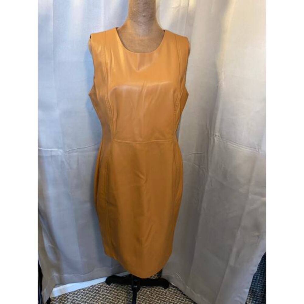 Calvin Klein Caramel Tan Women’s Faux Leather Dress Size 12 Minimalist Chic